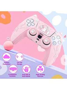 Kawaii Cat Design P5 Handle Protective Cover – Non-Slip Soft Silicone Sleeve With Analog Stick Covers & Sticker Decals, Shockproof Controller Accessory - View 5