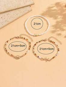 3pcs/Set Vacation Ocean Style Fish Starfish Shell Decor With Brown White Rice Beads Fashion Versatile Anklet Women's Foot Jewelry Suitable For Summer Beach Outings Daily Wear Rice Bead Color And Size Are Random And Not Fixed - Multicolor - View 4