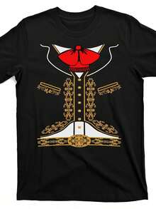 Casual T-Shirt - Mexican Charro Costume T-Shirt - Mariachi Outfit For Cinco De Mayo And Halloween, Retro Cultural Attire, Short Sleeve Crew Neck Casual T-Shirt For Disguise - 黑色 - 查看 1