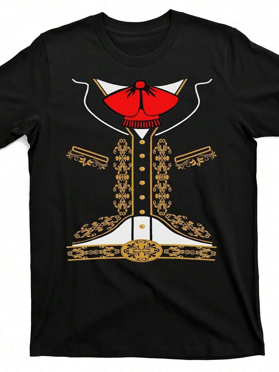 Casual T-Shirt - Mexican Charro Costume T-Shirt - Mariachi Outfit For Cinco De Mayo And Halloween, Retro Cultural Attire, Short Sleeve Crew Neck Casual T-Shirt For Disguise - 黑色 - 查看 1