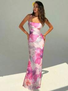 Elegant Women's Dress With Floral Print And Open Back, Summer Clothes, Beach Outfits For Women, Beach Vacation Clothes, Party Outfits, Bridesmaids - 淺粉色 - 查看 1