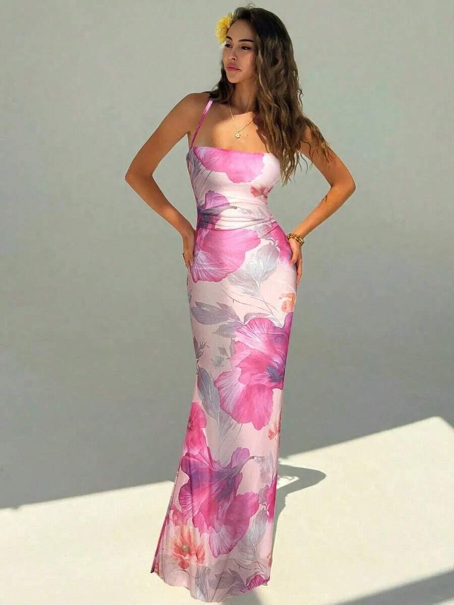 Elegant Women's Dress With Floral Print And Open Back, Summer Clothes, Beach Outfits For Women, Beach Vacation Clothes, Party Outfits, Bridesmaids - 淺粉色 - 查看 1