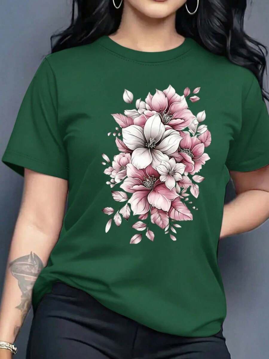 Women's Graphic T-Shirt, Short Sleeve, Round Neck, Basic, Comfortable, Cool, Lightweight, Modern, Youthful, Feminine, Floral Print, Lily, Leaves, 3D - 綠色 - 查看 1