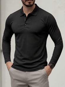 Set 3 Potong Kaos Polo Lengan Panjang Pria Polos, Model Dasar Bisnis Kasual dengan Kerah. - Hitam - View 4