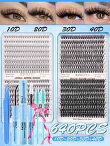 640/608pcs Eyelash Cluster Set DIY Eyelash Extension Kit Mixed 10-16mm Individual Eyelashes, Includes Eyelash Glue And Sealer, Eyelash Tweezers, Eyelash Brush, Fluffy Individual False Eyelashes Set, D-Curl Eyelash Clusters, DIY Eyelash Extension Kit, Waterproof Eyelash Glue, Eyelash Applicator, Dense False Eyelashes Set - Multicolor - View 16