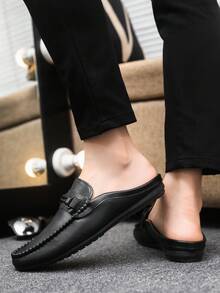 Men's Metal Buckle Minimalist Outdoor Indoor Summer Slip-On Flat Half-Back Loafers (Size Runs Small, Order One Size Up For Larger Feet) - Black - View 2