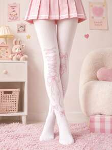 1 Pair Women's White Over-The-Knee Socks, Pink Bow Tie & Wing Heart Print, Soft Elastic Over-The-Knee Socks, Sweet Y2K Style - White - View 4