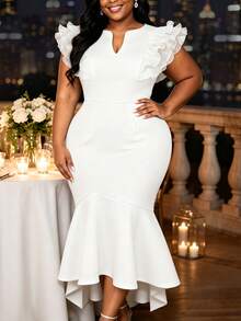 AOMEI Plus Size Women Elegant White Slim Fit Mermaid Dress,V-Neck Short Mesh Layered Ruffle Sleeve,Wedding Guest Gown,Birthday Party Anniversary - White - View 5
