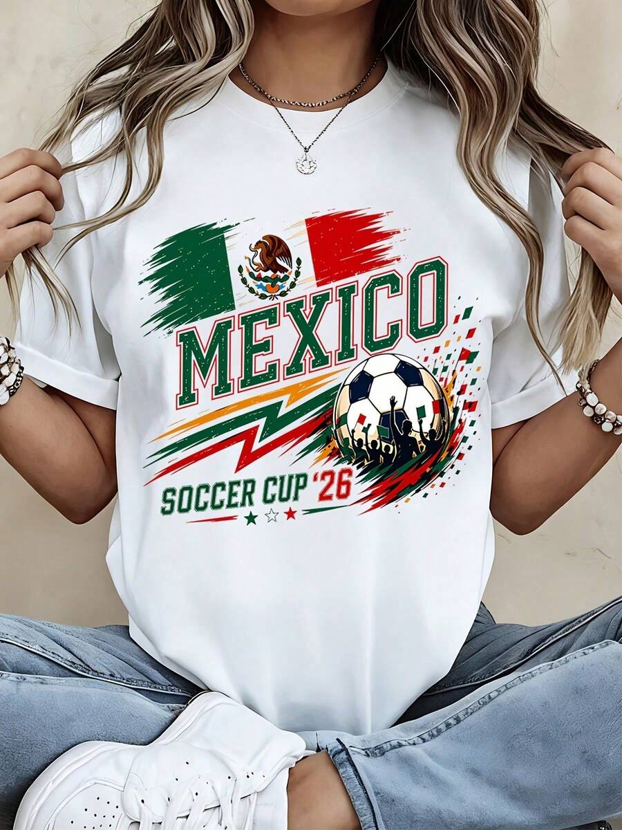 Camiseta con Diseño de Bandera y Balón de la Copa de Fútbol de México 26 para Eventos Deportivos, Blusas Casuales para Dama - Blanco - Ver 1