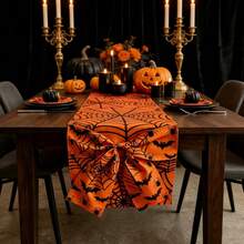 Camino de mesa de Halloween con lazo, telaraña, estampado de murciélagos, camino de mesa largo para comedor, decoración para fiestas navideñas en el hogar. - Naranja - Ver 4
