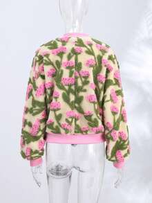 Women's Pink Green Floral Country Style Baseball Jacket Loose Cropped Long Sleeve Terry Jacquard, Vacation Commute Back To School Fall - Multicolor - View 7