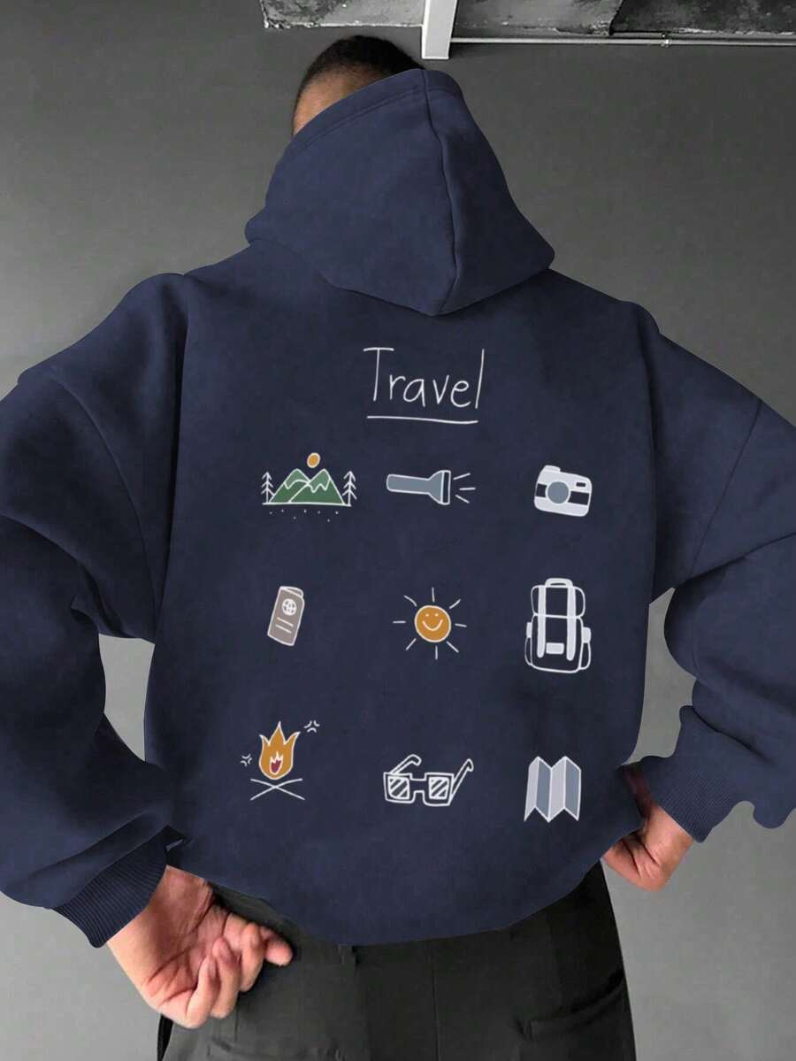 Sudadera con capucha de manga larga con forro térmico, estampado de elementos de camping de bosque y paisaje al aire libre, para hombre, otoño/invierno - Beis - Ver 1