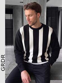 GRDR 1pc Men's Casual Striped Knit Sweater, Autumn/Winter - Black - View 5