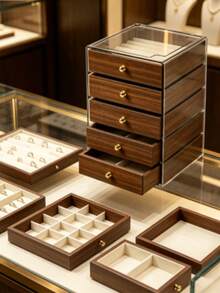 5 Drawer/Extra Large 5-Layer Wood Grain Jewelry Storage Box, Transparent Acrylic Top Cover Jewelry Organizer, Suitable For Earrings, Rings, Necklaces - Coffee Brown - View 9