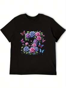 Women's T-Shirt With Positive Energy Print - Floral And Butterfly Design, Breathable, 100% Casual, Crew Neck, Sizes 0XL-5XL, Comfortable For All Seasons, U-Shaped T-Shirt - 黑色 - 查看 4