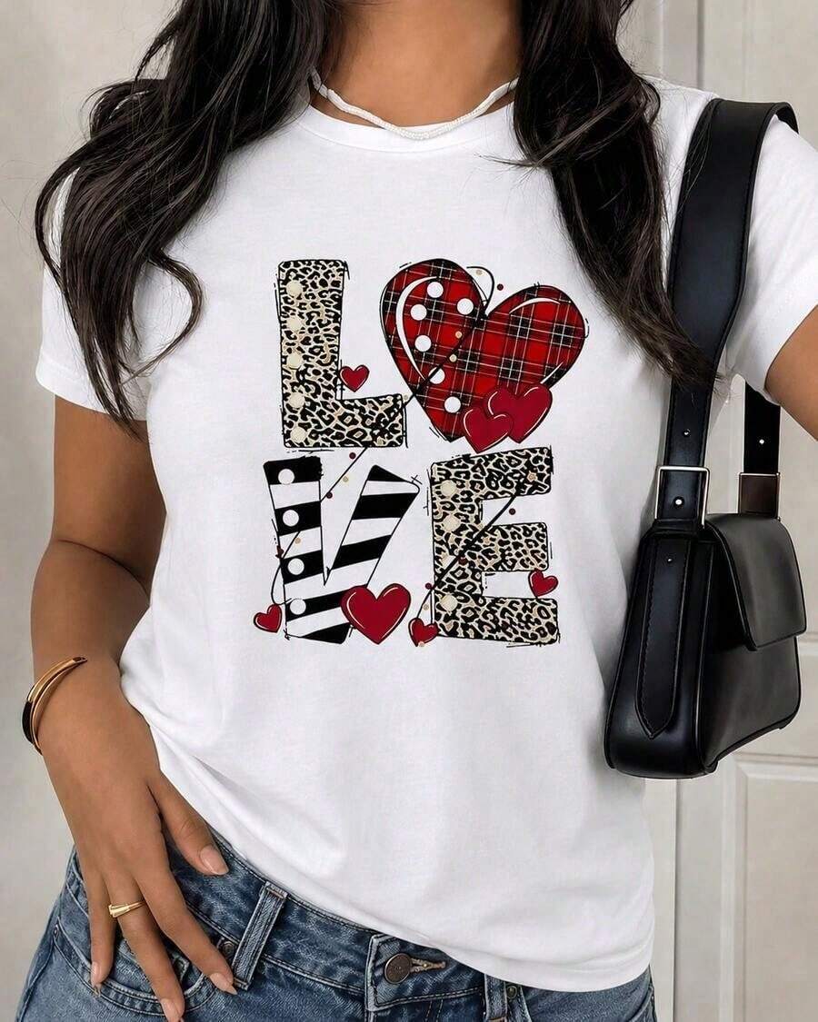 short sleevesMujeres Algodón Informal Manga corta Superior 1 Pieza Moda Informal Para Hombres Y Camiseta de Mujer Blanca de Mujer con Estampado de AMOR con Corazones, Leopardo y Cuadros, Man - Blanco - Ver 1