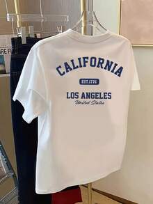 Women's White Short Sleeve Loose Fit Round Neck T-Shirt With Double-Sided Print CALIFORNIA LOS ANGELES Blue Letters, Lightweight Women's Casual American Style Summer T-Shirt - 白色 - 查看 4