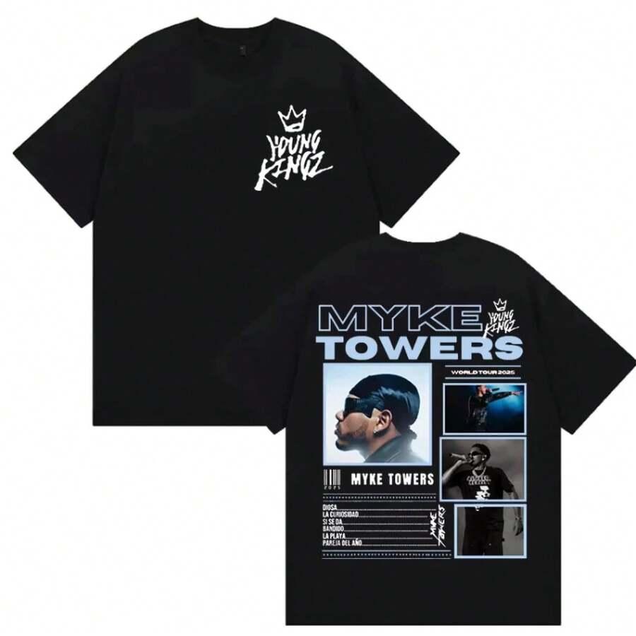 Men's Hip-Hop Style Gothic Clothing T-Shirt Casual Cotton Short Sleeved T-Shirt Rapper Myke Towers World Tour Merch TShirt - 1 - 查看 1