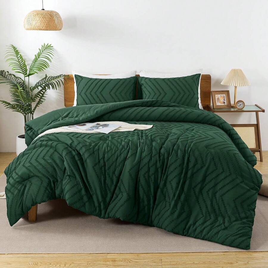 Andency - Queen Size Comforter Set For Queen Bed, Bohemian, Soft, Warm, Tufted And Design, Neutral Tone, Aesthetic, Rustic, Beautiful, Textured, 3 Pieces, Beige/Cream - 04 - 翠綠色 - 查看 1