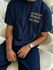 Amore 義大利麵與葡萄酒設計男士修身版型T恤，適合度假旅行海灘、日常聚會 - 藏青色 - 查看 7
