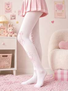 1 Pair Women's White Over-The-Knee Socks, Pink Bow Tie & Wing Heart Print, Soft Elastic Over-The-Knee Socks, Sweet Y2K Style - White - View 3