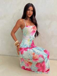 Elegant Women's Dress With Floral Print And Open Back, Summer Clothes, Beach Outfits For Women, Beach Vacation Clothes, Party Outfits, Bridesmaids - 珊瑚粉 - 查看 4