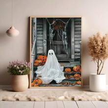 1 pieza Arte de pared en lienzo, decoración de pared enmarcada, fantasma blanco vintage sentado en un porche de madera con linterna de calabaza, hojas de arce y telaraña, póster popular de atmósfera de terror pastoral de otoño de Halloween, pintura decorativa colgante vintage sin marco, adecuada para decoración del hogar moderno, decoración de habitación, decoración de dormitorio, decoración de sala de estar, decoración de baño, decoración de cocina - Fantasma de calabaza - Ver 10