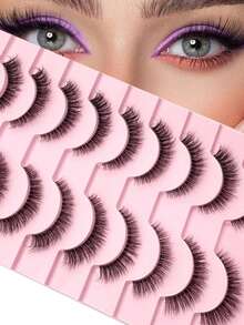 10 Pairs 3D Faux Mink Strip Lashes D Curl Wispy Cat Eye Full Fluffy Black Band Natural Lash Extension Look Reusable Daily Practice Eyelashes - Black - View 1