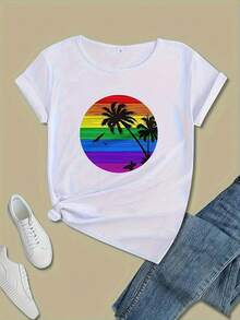 Women's Short-Sleeved, Soft Crew Neck Top With A Comfortable, Loose Fit. Cute Outdoor And Home Activewear Featuring A Tropical Palm Tree Print And A Beach Sunset Graphic Tee. - [白色的] - 查看 1