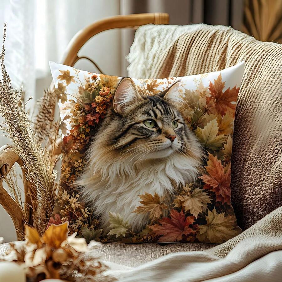 1pc Autumn Maple Leaf Long Hair Cat Print Pattern Polyester Pillow Case [Pillow Insert Not Included], 17.7*17.7in(45*45cm)/19.69*19.69in(50*50cm)/15.75*15.75in(40*40cm), [Single-Sided Printing] Cat Lover Gift Cushion Cover Room Decor, Home Decor, Bedroom Decor, Room Decoration Stuff For Sofa, Bed, Living Room, Bedroom, Car, Office, Hotel Decoration Throw Pillow Covers All Season Use Perfect Gift For Family And Friends - Multicolor - View 1