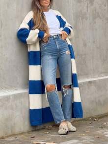 Women's Knitted Cardigan, Open Front Long Loose Fit Long Sleeve Contrast Color Wide Stripe Design, Thick & Soft Autumn/Winter Casual Outerwear - Blue and White - View 4