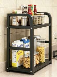 1pc Double Layer Large Capacity Spice Rack, Kitchen Cabinet Organizer, Kitchen Countertop Multi-Functional Storage Rack, Home Storage Rack, Spice Jar Storage Rack With Hook Accessories - Black - View 10