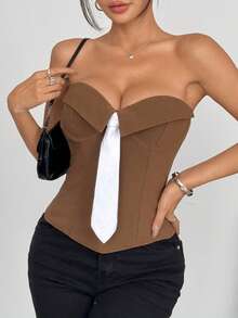 Modern Plain Tray Top With Bow, Girl Style For European Street Looks - Brown - View 3