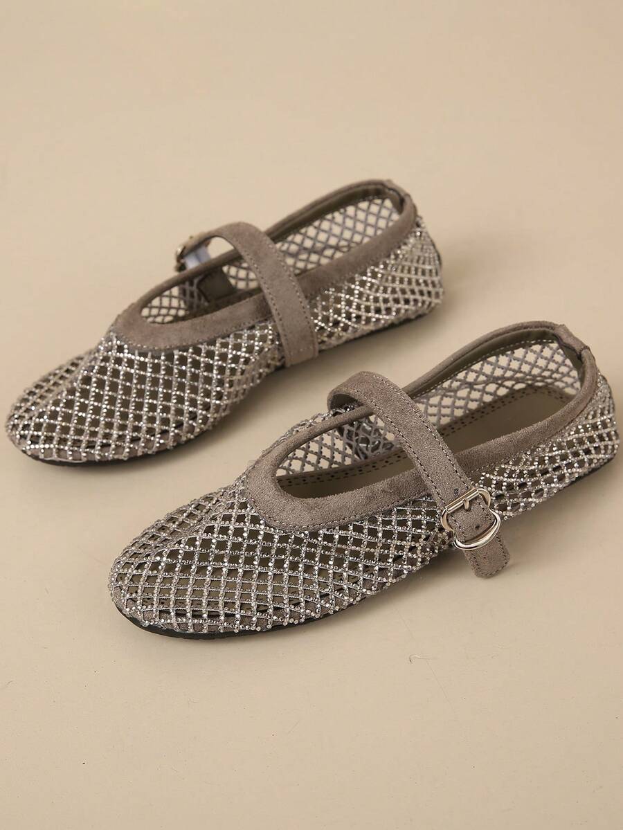 Women's Taupe Mary Jane Ballet Flats, Rhinestone Hollow Mesh Upper, Round Toe, Adjustable Side Buckle Strap, Textured Trim - Grey - View 1