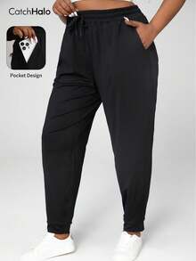 Plus Size Women's Casual Sweatpants With Pockets And Drawstring, Loose Fit, Black Color, Sporty Style Sports - Black - View 3