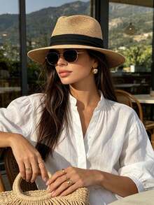 1pc Vacation Casual Woven Jazz Hat / Straw Hat,Summer,Beach - Multicolor - View 4