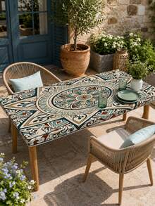 1pc-Elastic Fitted Spandex Tablecloth, Mediterranean Tile Stretch Table Cover With Blue Orange Mandala Print, Wrinkle Resistant Soft Tablecloth For Round And Rectangular Tables, Patio Dining And Outdoor Party Decor - Multicolor - View 10