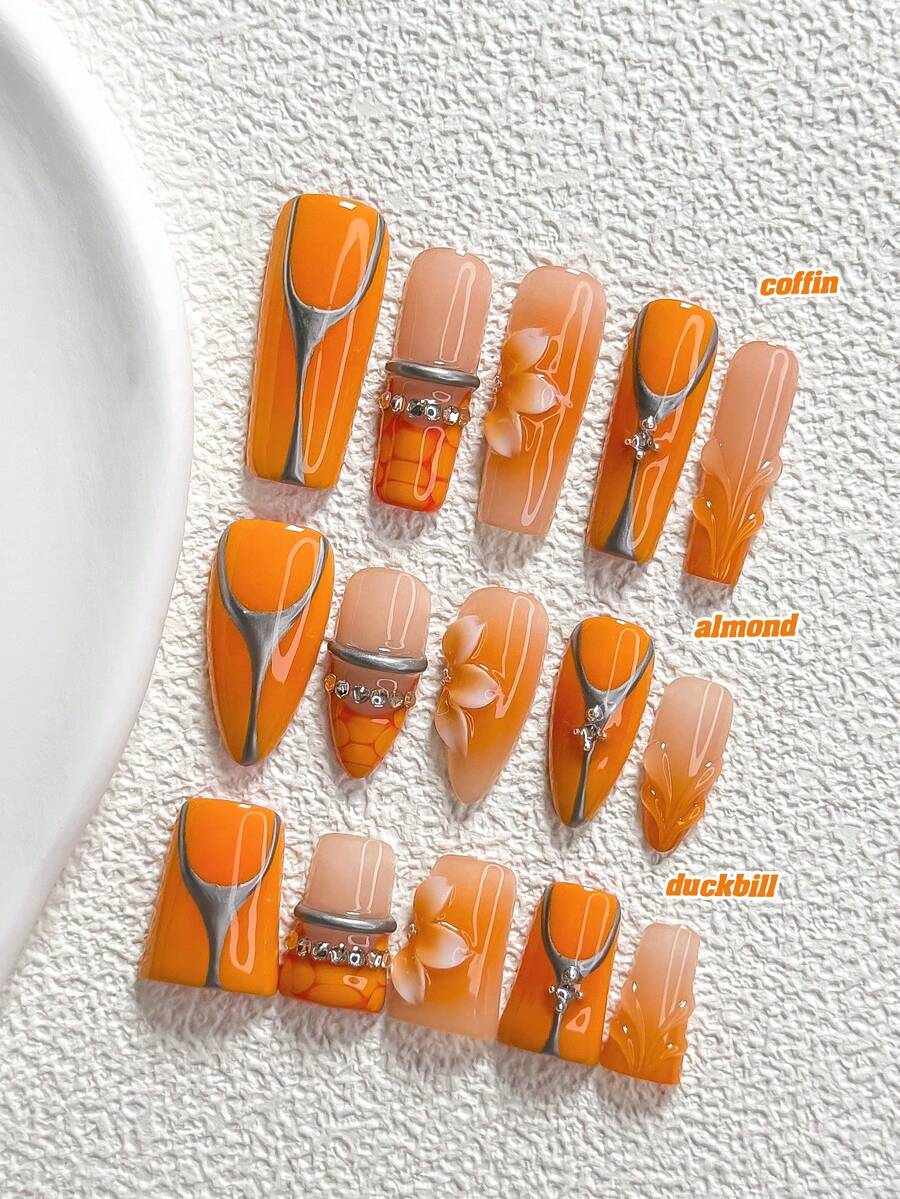 10件裝賽博龐克風手工穿戴式美甲,Polygel美甲套組,花卉、波點、水波紋圖案,橘色指甲油,休閒風格,附美甲工具,3種尺寸可選,杏仁形、鴨嘴形、棺材形,適合派對、跳舞、日常配戴 - 彩色 - 查看 1