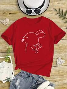 Girls' Short-Sleeved Round Neck T-Shirt With Subtle Print, Breathable, Machine Washable, Perfect For Spring/Summer Outings And Casual Play. - Red - View 1