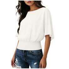 Camiseta holgada de color sólido para mujer, cuello redondo fruncido, manga corta, top básico casual, suave y versátil para uso diario. - azul claro - Ver 8