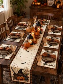 1 Set-Halloween Linen Table Runner And Placemats Set, Witch Hat Pumpkin Bat Spider Web Buffalo Plaid Dining Table Decor, Fall Kitchen Table Decorations For Farmhouse Home, Halloween Party, Holiday Dinner And Spooky Home Decor - Multicolor - View 9