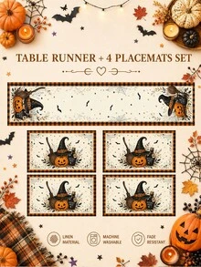 1 Set-Halloween Linen Table Runner And Placemats Set, Witch Hat Pumpkin Bat Spider Web Buffalo Plaid Dining Table Decor, Fall Kitchen Table Decorations For Farmhouse Home, Halloween Party, Holiday Dinner And Spooky Home Decor - Multicolor - View 15