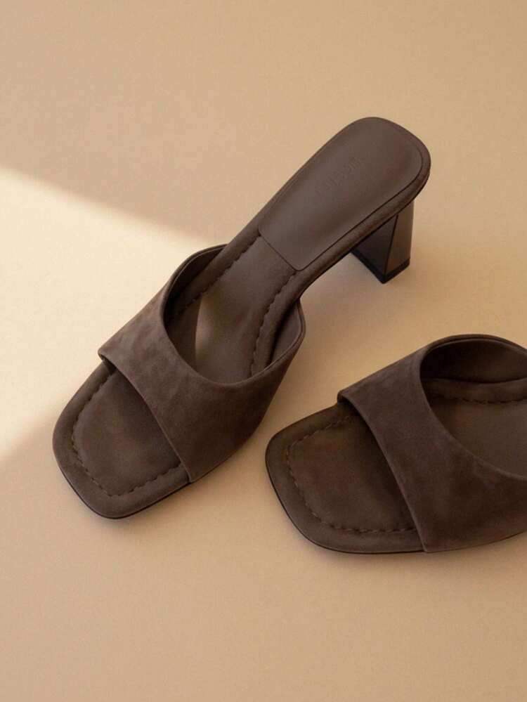 2826 New French Style High Heel Open Toe Square Toe Summer Outdoor Wear Minimalist Easy Slip-On Chunky Heel Versatile Slip-On Slides - Coffee Brown - View 6