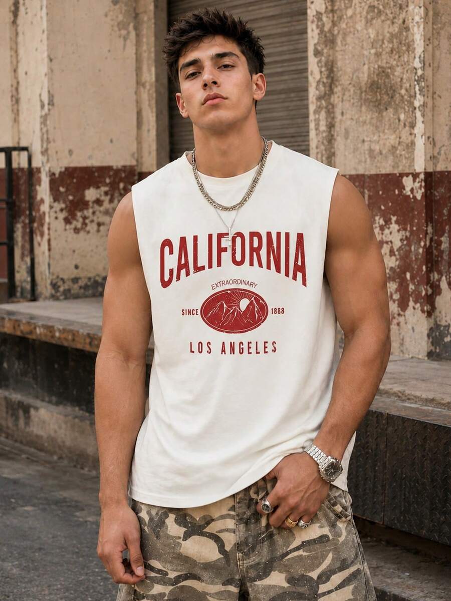 Fractyr 男士洛杉矶山脉复古印花无袖背心，白色休闲街头风时尚运动健身夏季背心 - 白色 - 查看 1