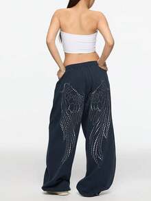 American Style Cuffed Wide Leg Sweatpants With Foil Print, Jazz Dance Pants - Blue - View 1