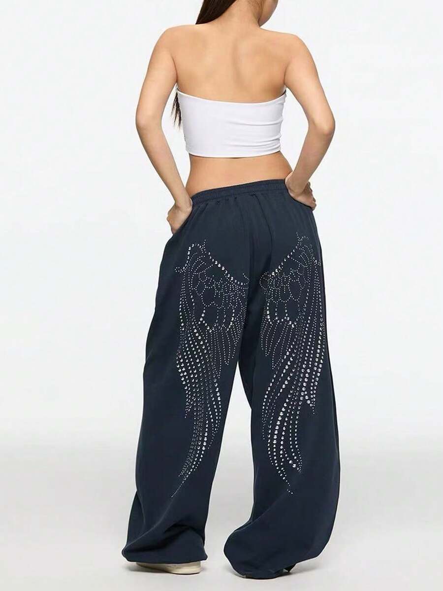 American Style Cuffed Wide Leg Sweatpants With Foil Print, Jazz Dance Pants - Blue - View 1