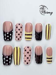 Handmade Medium Coffin Shape Press-On Nails, Vintage Bee Aesthetic, Nude Base With Cream Yellow, Burgundy And Polka Dot Details, Hand-Painted Stripes, 3D Burgundy Swirls And Dual-Tone French Design, Glossy Salon Gel Texture, Reusable - Baby Pink - View 8