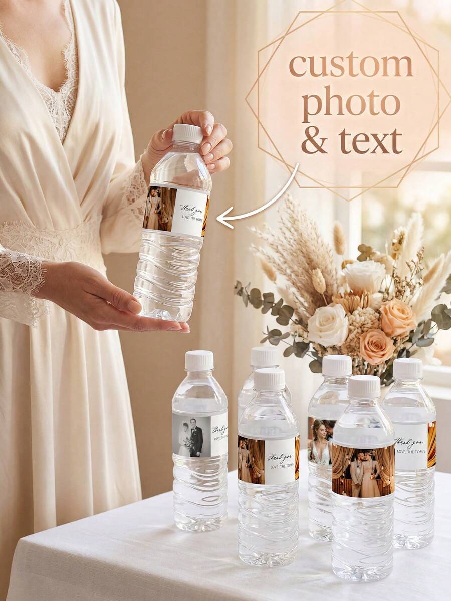 30pcs/20pcs/10pcs Customized Photo Water Bottle Labels, Personalized Celebration Labels, DIY Water Bottle Wrap Stickers, Size 21x5cm, Suitable For Wedding, Birthday, Christening, Wedding, Thank You Stickers And Other Occasions, Multi-Functional, Adjustable, Mildew-Proof, Decorative, Adhesive, Reusable - Multicolor - View 1