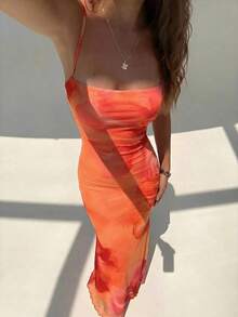 Elegant Women's Dress With Floral Print And Open Back, Summer Clothes, Beach Outfits For Women, Beach Vacation Clothes, Party Outfits, Bridesmaids - 珊瑚橙 - 查看 5