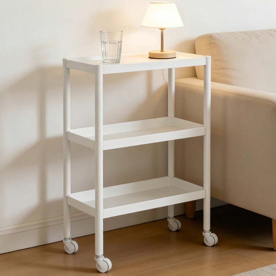 1 Piece Practical Narrow 3-Tier Mobile Storage Trolley, White Smooth Surface Thin Gap Design Equipped With Four Universal Rolling Casters, For Household Kitchen Bathroom Dorm Laundry Area, Storage Stand, Organizer Rack, Spice Container - Storage Rack - View 1